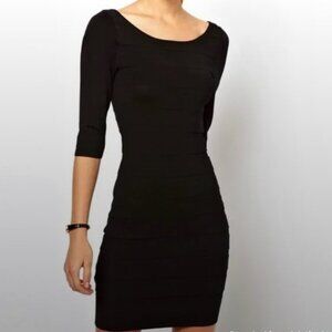 MANGO MNG Dress Women's Size XS Bodycon Black Scoop Back Knit 3/4 Sleeve